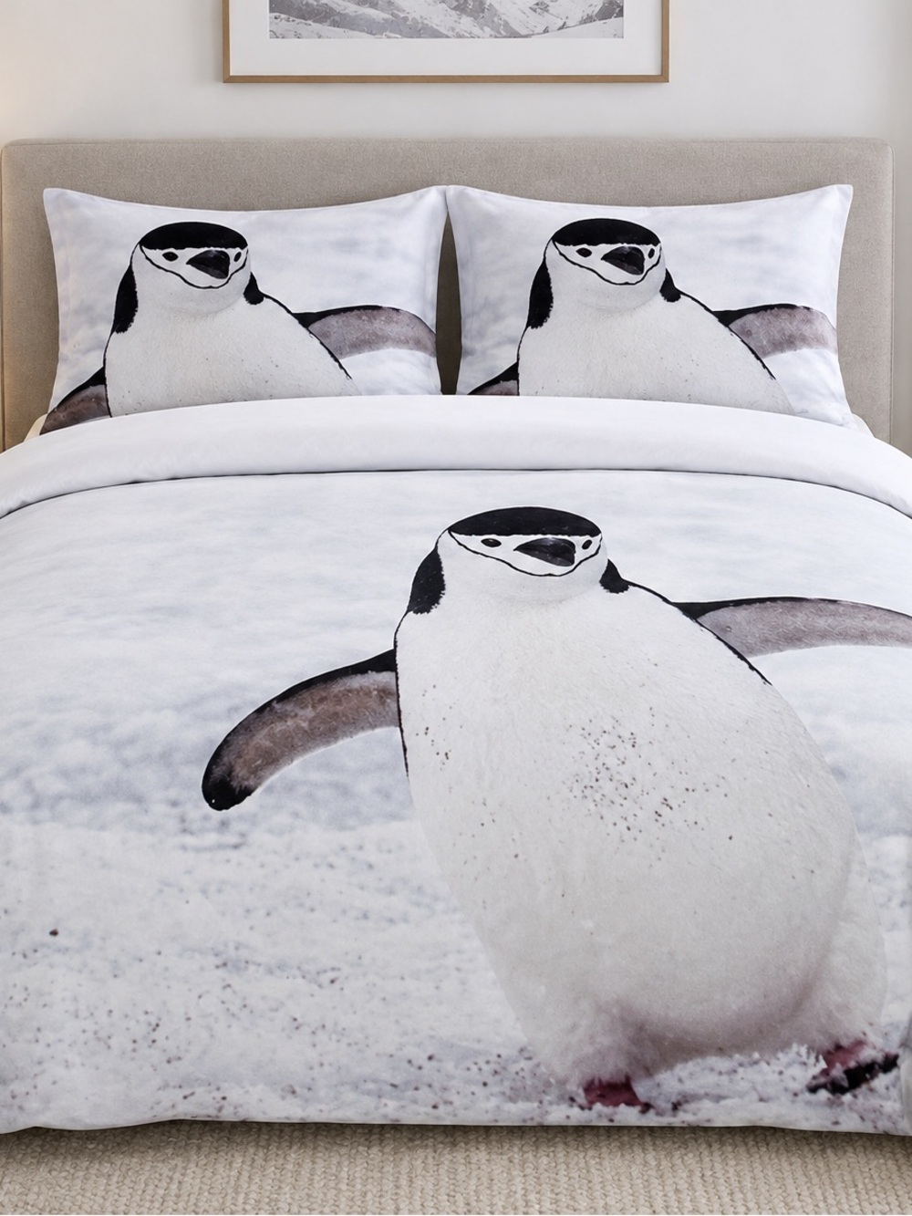 Playful Penguin White Duvet Cover Set - Cozy Arctic Print
